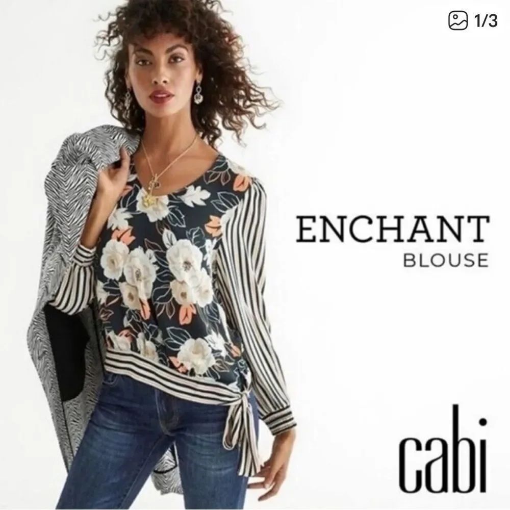 Cabi Enchant Blouse Floral Striped V-Neck Tie Waist Womens Large FLAW